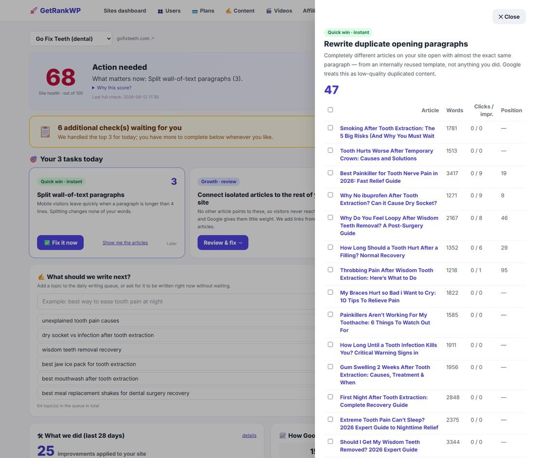 Opening a task shows the exact affected articles with their word count, clicks, impressions and position — never just a number.