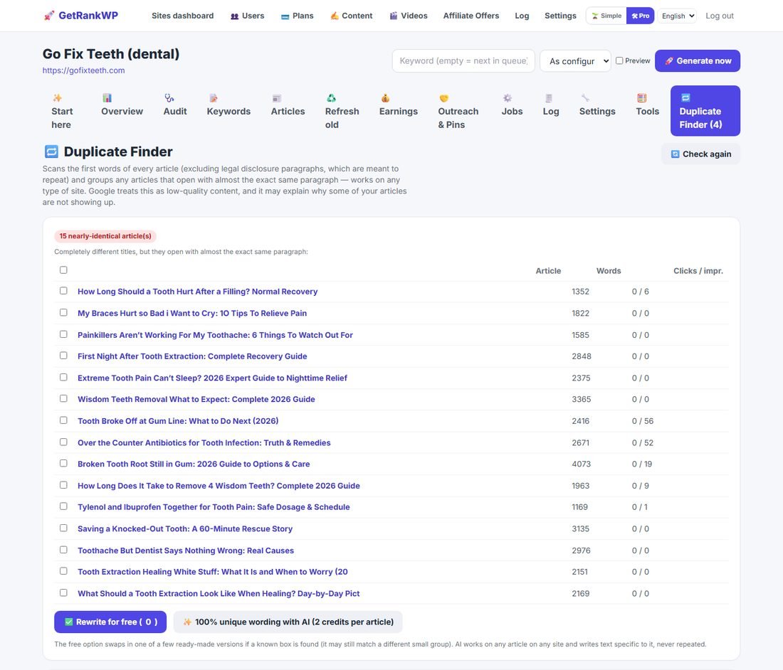 Each group shows completely different titles that open with the same words — which is exactly what Google penalises.