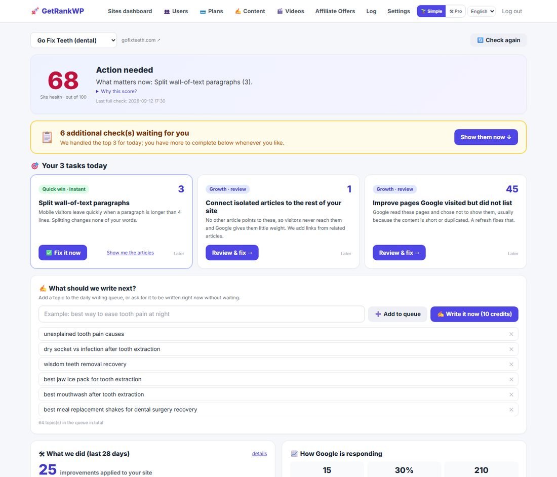 Simple mode: one screen — health score, the three tasks that matter today, what to write next, what we did, and how Google is responding.